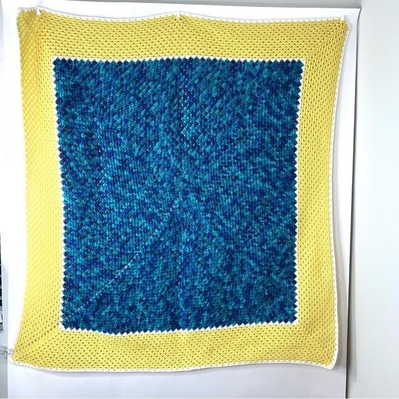 Handmade Crocheted Blue,Yellow & White Granny Blanket Afghan 48"x 56" - Picture 1 of 3